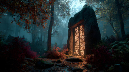 A spooky Halloween 2026 wallpaper showing an ancient door with glowing runes in the forest