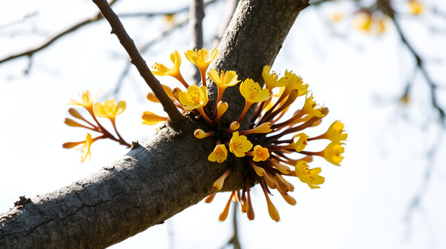 a close up shot of yellow sjambok flowers on a tree at kruger national park of south africa