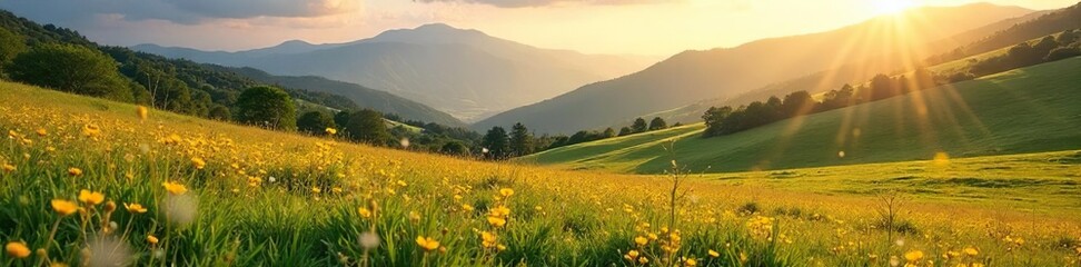 Fototapeta premium Serene ranch meadows bathed in golden sunlight, wildflowers blooming amidst rolling green hills and distant mountains Perfect for idyllic nature, rural, and western themes , flora, vibrant, sunlight
