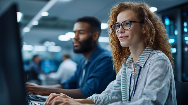 Cloud software team testing scalability of a new platform in a server room monitoring data dashboards cloud scalability enterprise software operations center with copy space