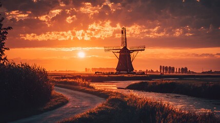 Idyllic sunset over a windmill silhouette by a tranquil waterway.