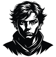 Black and white portrait of a young man with a scary cartoon tattoo on his face