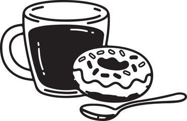 Cartoon Coffee Mug Line Art with Open Book and Glasses