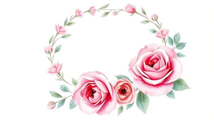 Delicate watercolor floral wreath featuring pink roses, painted with soft brush strokes on white.