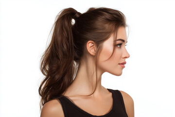 Fototapeta premium Trendy girl’s hairstyle, neat ponytail with subtle volume, minimal yet fashionable, refined edges and graceful look, modern aesthetic