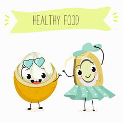 Platonia insignis, bacuri, funny characters, hand drawn vector illustration.