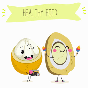 Platonia insignis, bacuri, funny characters, hand drawn vector illustration.