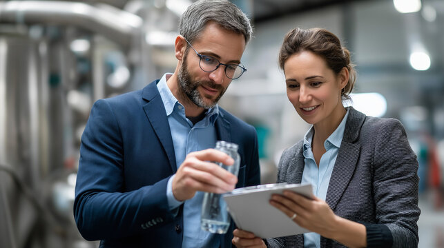 Engineers reviewing water use data of an IT facility in an industrial setting water consumption computing infrastructure resource management sustainable tech with copy space - Powered by Adobe