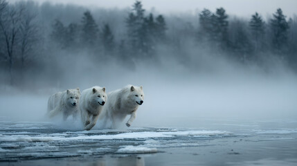 A spooky Halloween 2026 wallpaper showing ghostly wolves running across a frozen lake