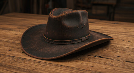 A beautifully crafted and well-worn distressed leather cowboy hat rests casually on a rustic wooden surface, evoking a sense of adventure and timeless western charm