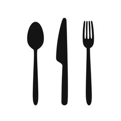 Black silhouette icons of a spoon, knife, and fork – minimalist cutlery set for restaurant branding, menu design, and culinary projects.