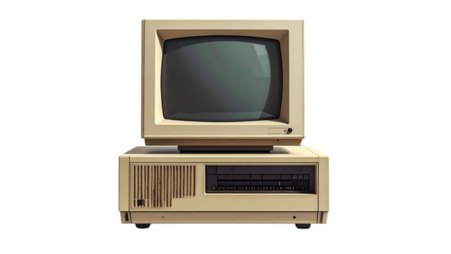 Classic personal desktop computer workstation from the early days of information technology, isolated on a clean white background