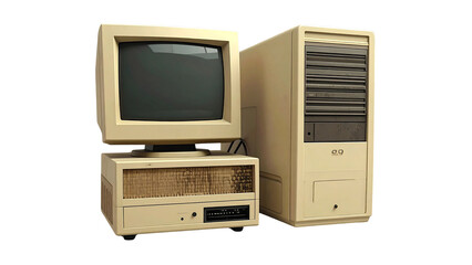 A classic retro personal computer with a CRT monitor and desktop tower isolated on a white background, representing early digital technology