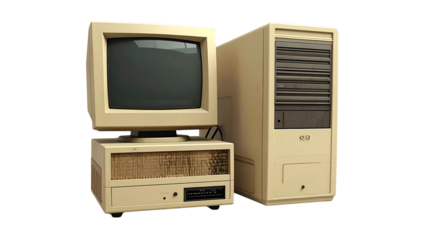 A classic retro personal computer with a CRT monitor and desktop tower isolated on a white background, representing early digital technology