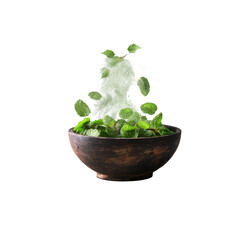 Fresh Mint Leaves Splashing into a Rustic Bowl - Herbal Infusion Concept