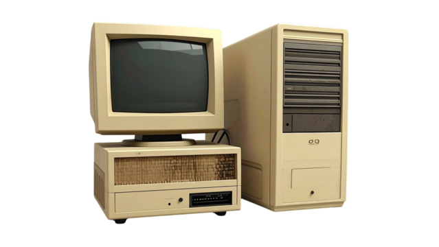 A classic retro personal computer with a CRT monitor and desktop tower isolated on a white background, representing early digital technology