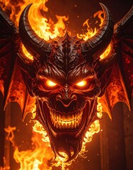 A fiery demon head with glowing eyes and sharp horns, surrounded by flames, creating a dramatic and intense atmosphere.