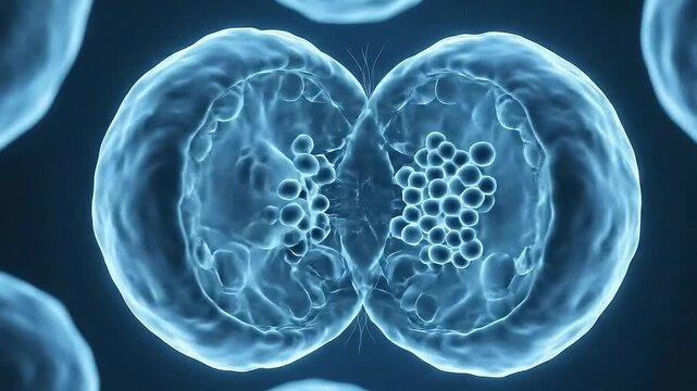 Microscopic view of cell division with glowing membranes in blue