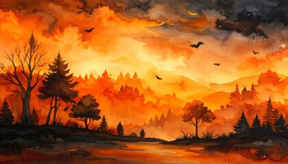 Dramatic autumn forest with fiery foliage, swirling clouds, flying birds, moody sky, reflective water, intense landscape painting