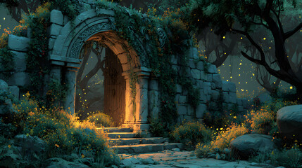 Ancient stone gate with twisted vines and glowing runes, leading to a haunted garden