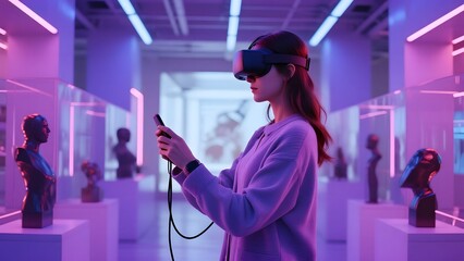 Person using VR headset in a futuristic gallery with neon lighting