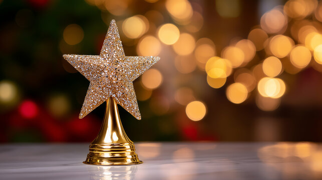 Golden glittering star-shaped trophy standing on a table with blurred festive city lights in the background.  
