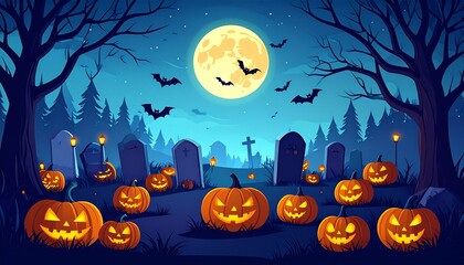 Fototapeta premium Glowing jacko'lanterns sit among tombstones in spooky graveyard under full moon on halloween night, creating eerie and festive scene.