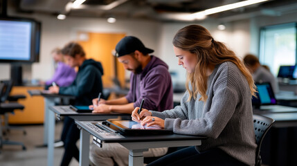 Classroom with individual AI learning stations students engaging independently adaptive learning AI enabled classroom modern pedagogy with copy space
