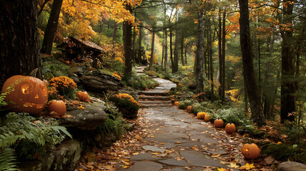 Autumn forest with carved pumpkins lining a winding trail