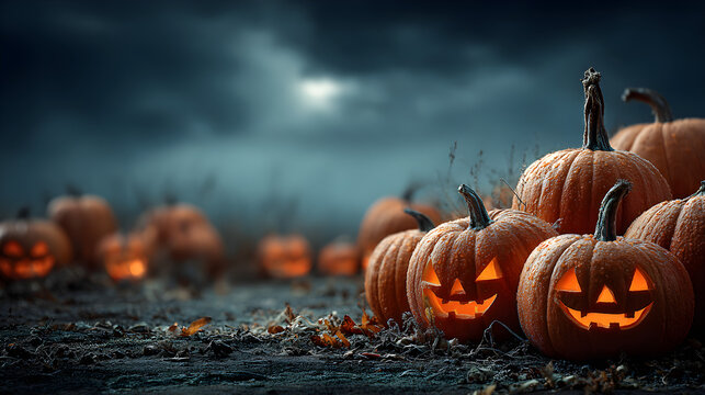 Carved pumpkins arranged at the bottom of the frame, dark sky with space for title above