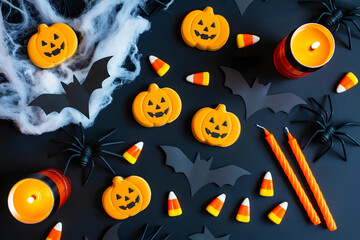 Festive halloween party scene with pumpkin cookies candy corn candles and spooky decorations