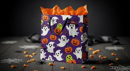 Obraz premium Spooky Halloween gift bag filled with treats and candy corn on dark wooden surface