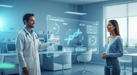 A doctor and patient review preventive health data from an AI DNA analysis. Optimistic future of predictive and personalized medicine.