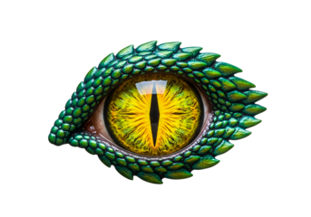 Close-up of a detailed dragon eye, showcasing vibrant green scales and a striking yellow iris against a black backdrop.