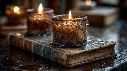 Close-up of candlelight reflecting on melted wax and old books
