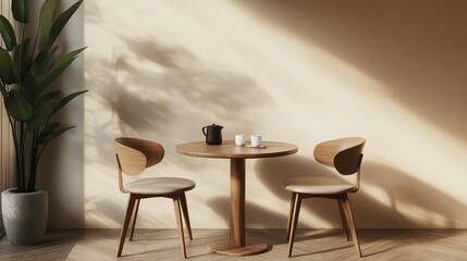 Empty wooden table and chairs in sunny room