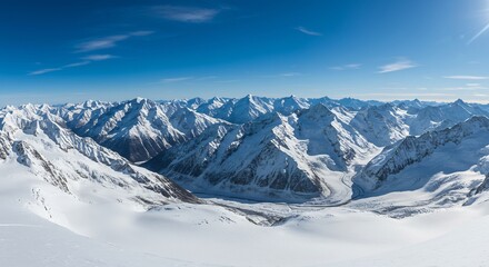 Majestic Snow-Capped Mountain Range Under a Clear Blue Sky, Panoramic View