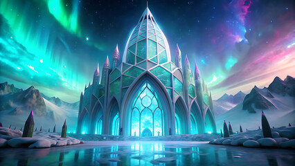 A futuristic cathedral carved entirely from glowing crystalline stone  
