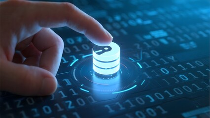 Hand interacting with a digital data cylinder on a binary code background
