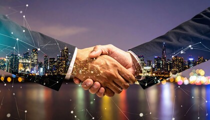 Two hands shaking in front of a city skyline, symbolizing partnership and collaboration with a digital overlay suggesting innovation and connectivity.