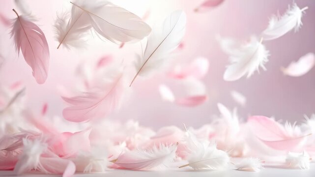 Soft white and pink feathers gently falling and resting, creating a peaceful and delicate scene.