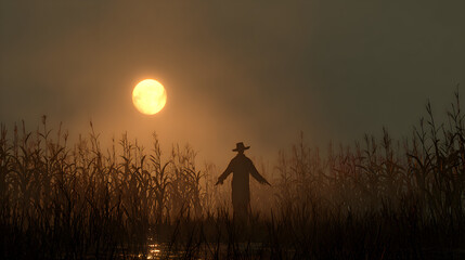 Creepy scarecrow in a misty cornfield under the harvest moon