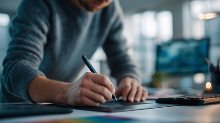 Creative designer crafting visuals using digital tools in a modern workspace design process digital creativity visual arts with copy space
