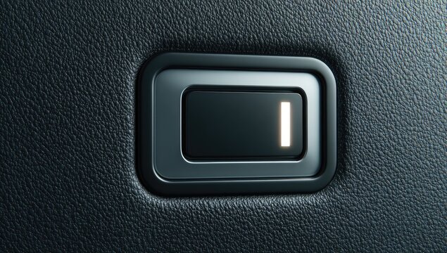 Dark gray rectangular switch with illuminated indicator on textured surface.