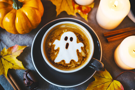 Cozy halloween coffee with ghost marshmallow and autumn leaves