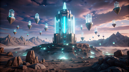 A futuristic fortress made of glowing crystal shards in neon desert  