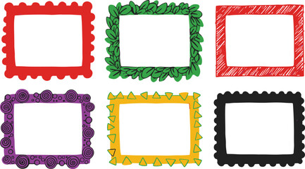 Six varied decorative rectangular frames with different patterns and colors on a white background Keywords: frame, border, decorative, colorful, rectangular, red, green, purple, yellow, black