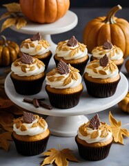 Autumn themed cupcakes decorated with golden leaves and creamy frosting placed in inviting seasonal setting