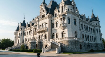 Magnificent white castle with grand staircase and turrets under a blue sky