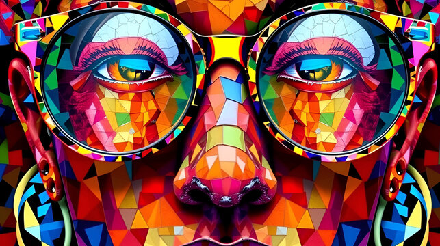Captivating digital mosaic art portraying a colorful figure with distinctive glasses - Powered by Adobe